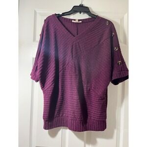 Parallel Skies Womens XL Plum Purple Ribbed V-Neck Dolman Top Button Shoulder
